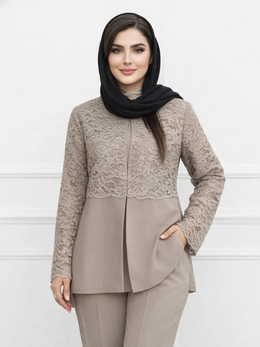 کت و شلوار ززنانه مزونی با چرخکار گیپور شیک