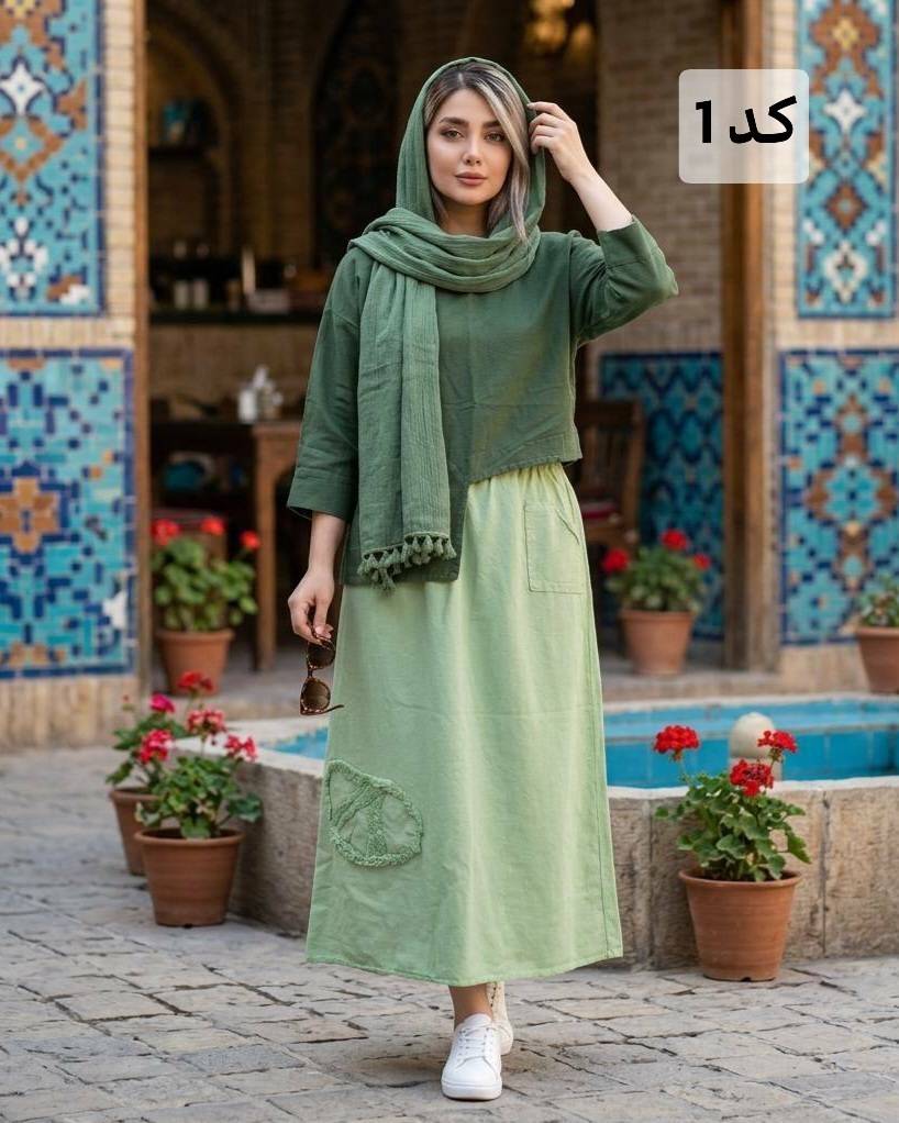 ست سه تیکه کراپ دامن و شال زنانه الیاف طبیعی