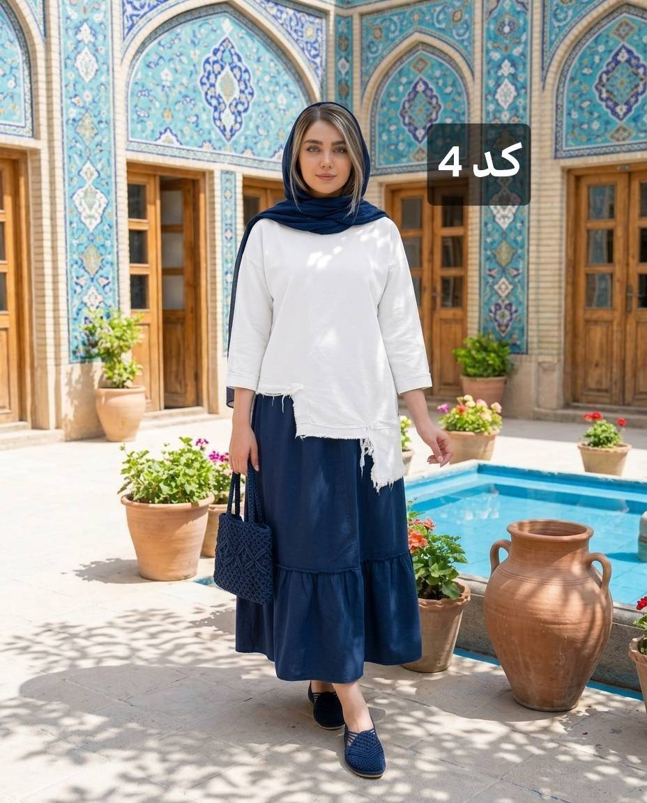 ست سه تیکه شومیز دامن و شال زنانه الیاف طبیعی