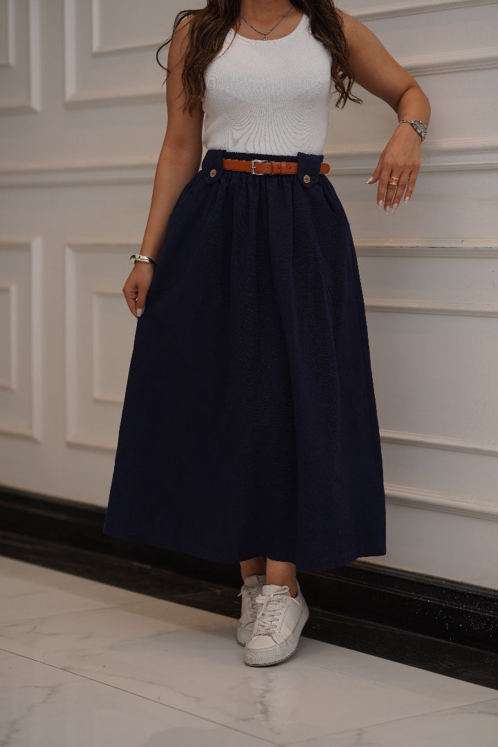 دامن لنین زنانه مدل دگمه چوبی