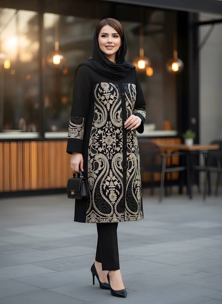 مانتو کتی بلند زنانه با خرجکار مخمل گلدوزی بازه دوم (54 تا 60)