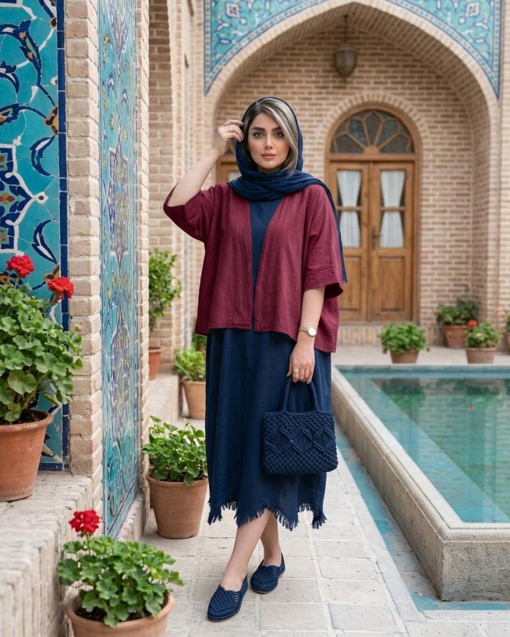 ست سه تیکه کت سارافن با شال الیاف طبیعی