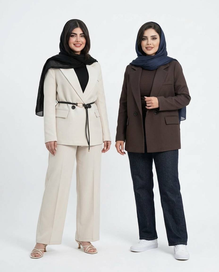 ست کت دو دگمه با کمربند چرمی