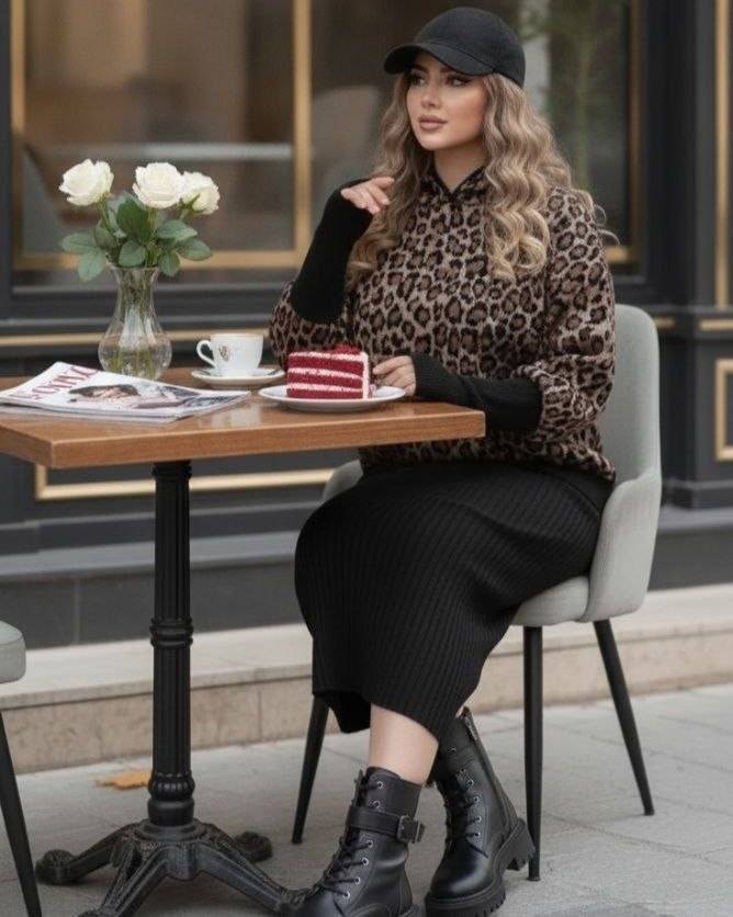 ست دو تیکه هودی کلاه دار و سارافن بافت زنانه