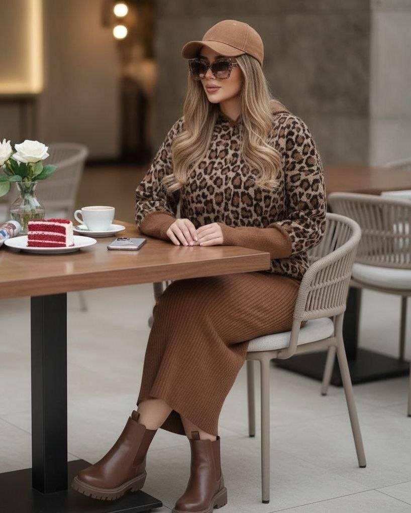 ست دو تیکه هودی کلاه دار و سارافن بافت زنانه